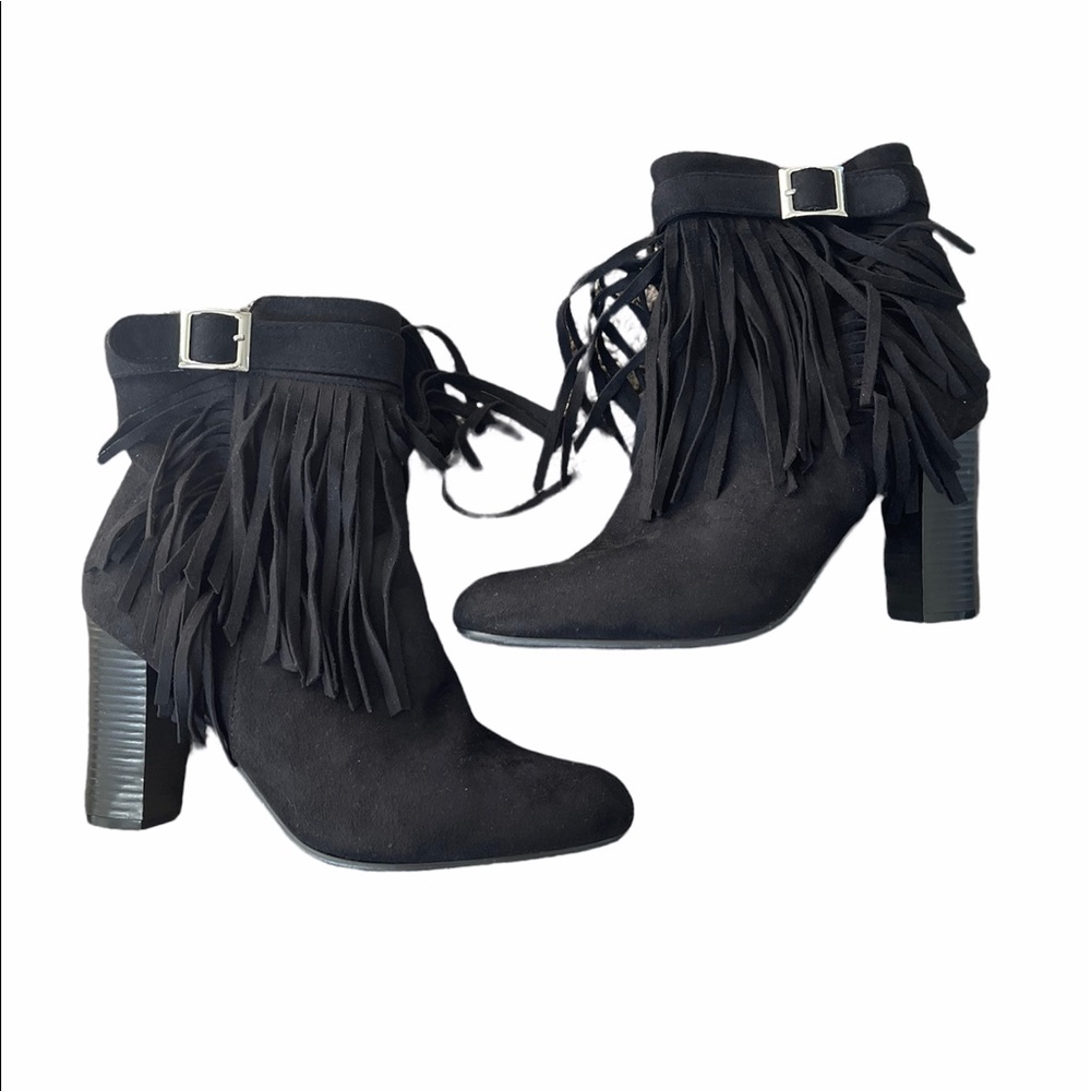 Black suede Olivia Miller ankle boots.